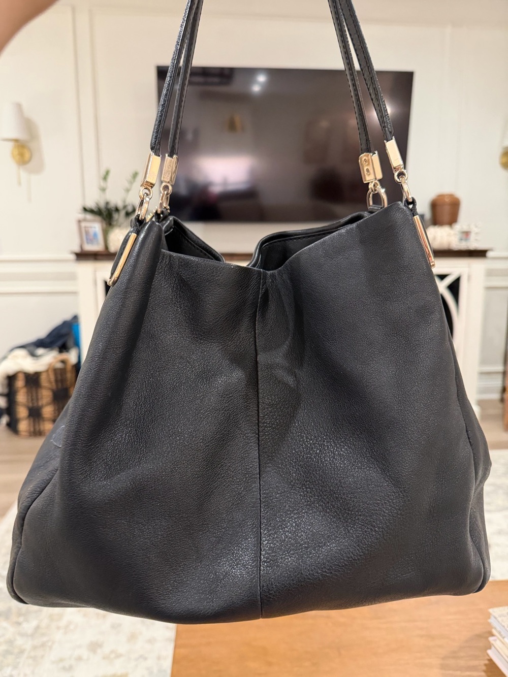 Coach Phoebe Black Leather Shoulder Bag with Gold Hardware